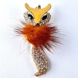 Fox Pendant‎ Articulated Pave Rhinestone Accent Faux Fur Green Eyes Gold Tone